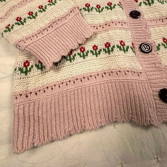 Kawaii Harajuko Style Cardigan Sweater Women's OS Cream Pink Scalloped Pointelle - Picture 5 of 9